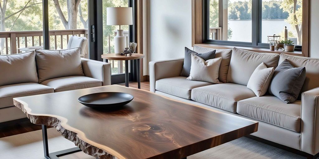Modern living room with large wooden table and natural light.