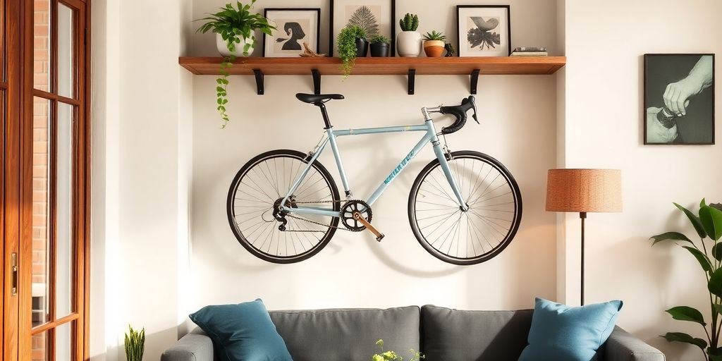 Modern wall rack bike storage in a stylish interior.