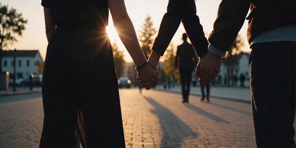 Couple holding hands with multiple shadows representing partners.