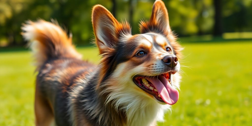 Happy dog on a leash with a blurred park background.
