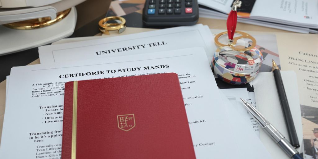 Üniversite belgeleri ve tercüme malzemeleri masada.