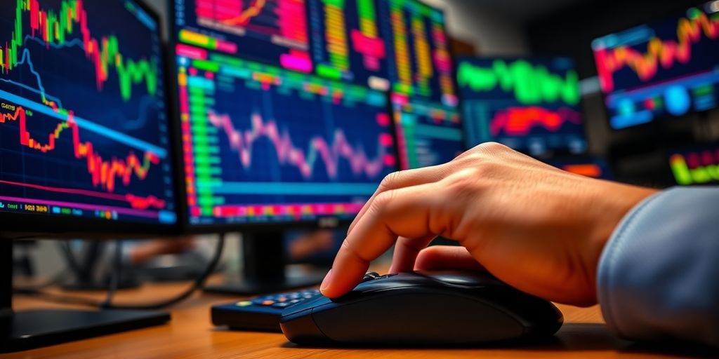 Trader's hand on mouse with colorful financial screens.
