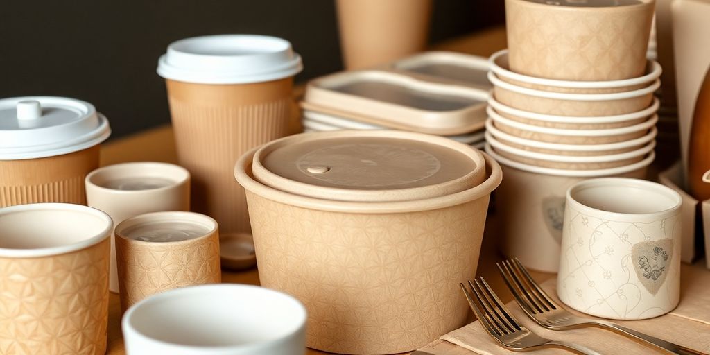 Café packaging made from compostable materials.