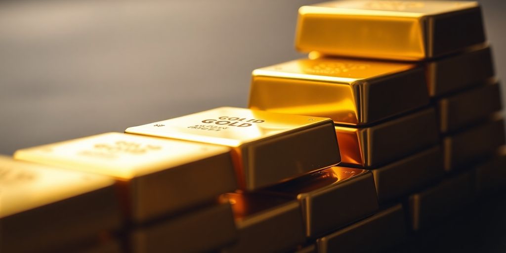 Barres d'or empilées avec un éclairage doux.
