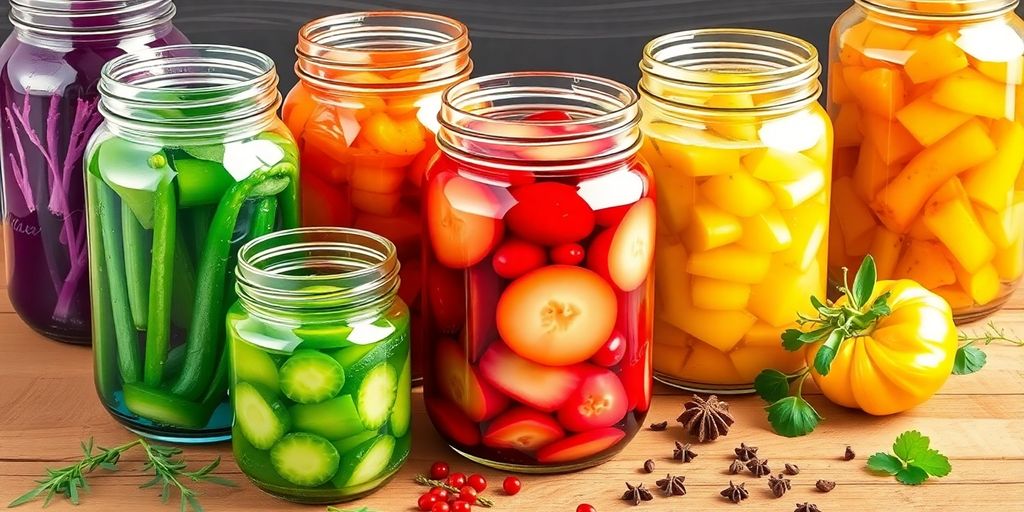 Colorful jars of fermenting vegetables on a wooden surface.