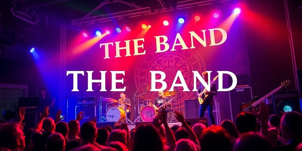 The Band performing live with lively crowd and colorful lights.