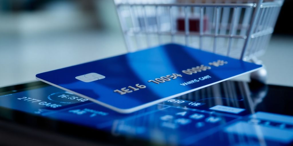 Credit card on a digital device, highlighting online security risks.