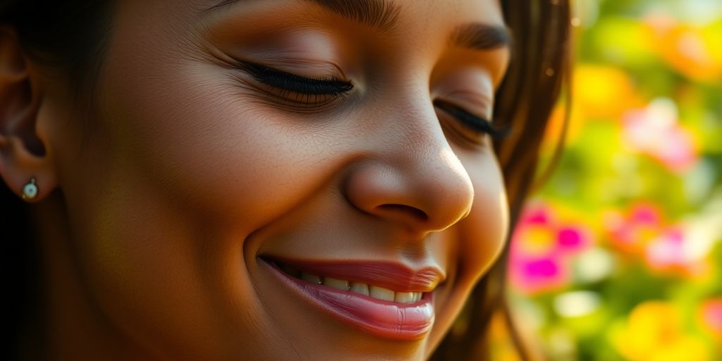 Person meditating peacefully in sunlit garden, smiling softly.