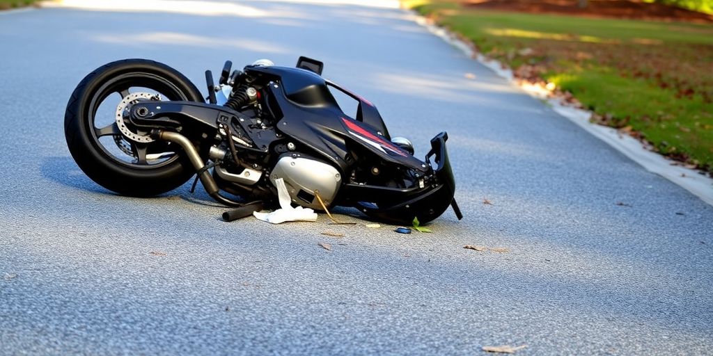 Motorcycle wreck with debris on Kennesaw, Georgia road.