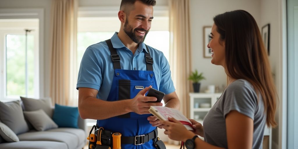 Home service professional assisting a homeowner in their house.