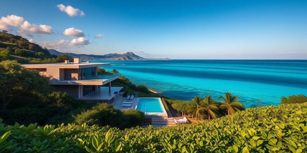 Luxury Phuket villa overlooking the ocean at sunset.