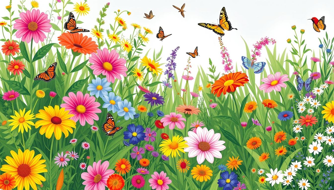 Vibrant perennial garden with flowers, butterflies, and birds
