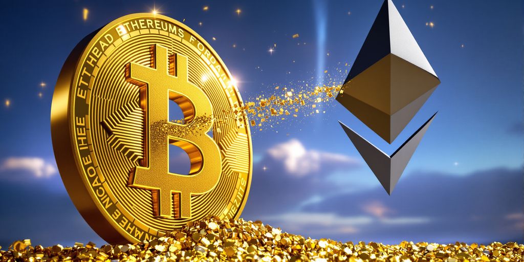 Bitcoin and Ethereum logos with a large money transfer.
