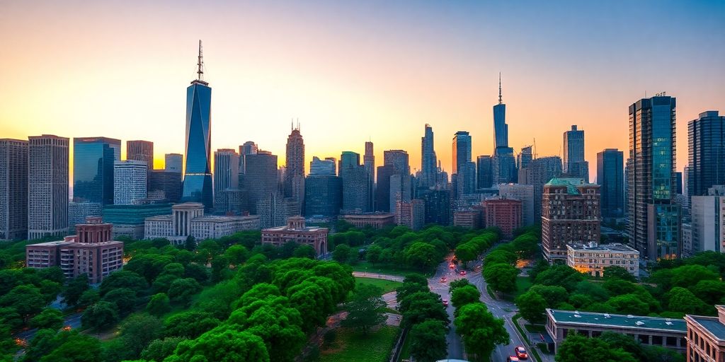 Diverse city skyline with green spaces, bustling streets.