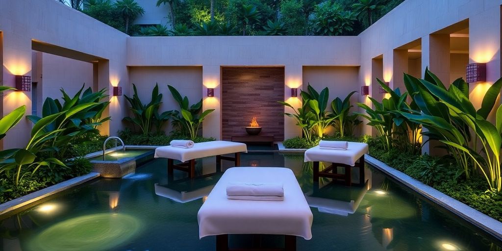 Relaxing spa environment with soothing water and greenery.