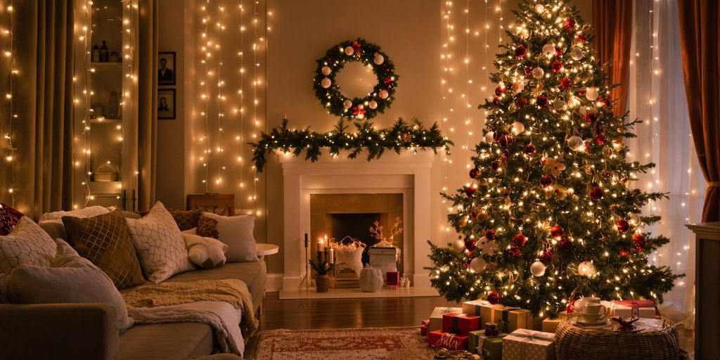 Cozy room with festive decorations for Christmas celebration.