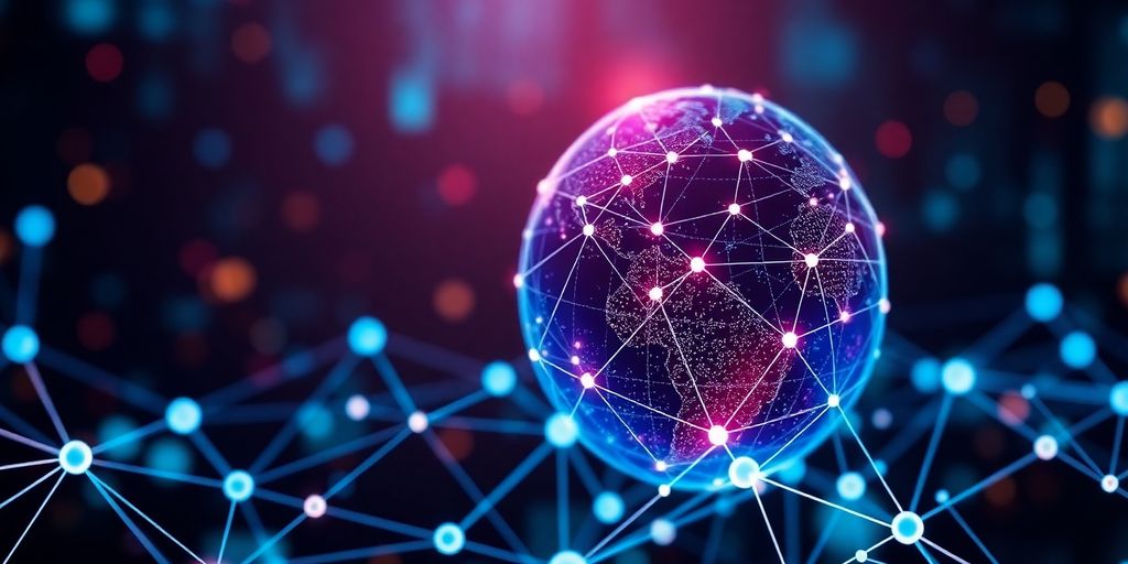 Interconnected nodes and digital globe representing IPFS blockchain.