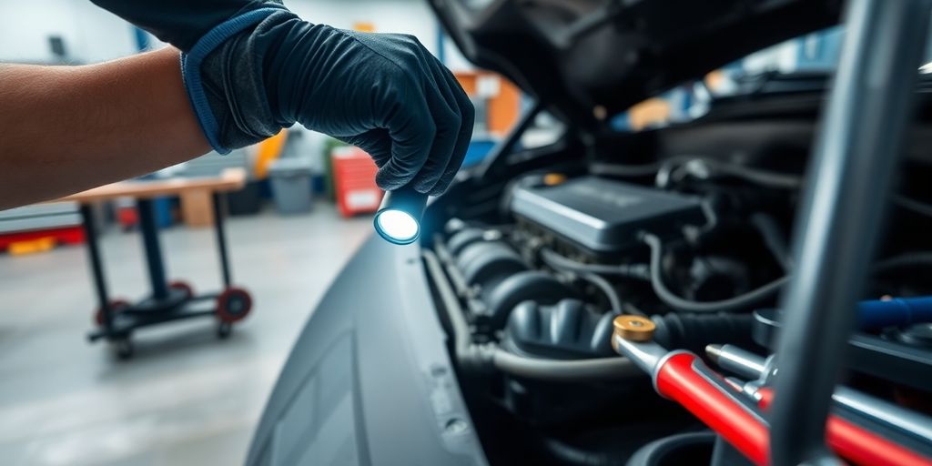 Mechanic inspecting engine, hands on wrench.