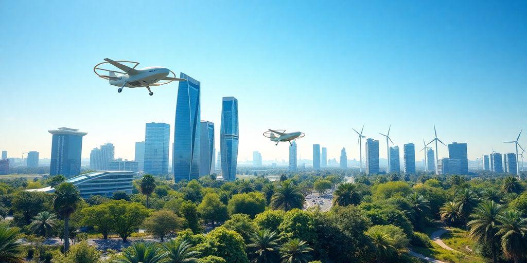 Cidade futurista com tecnologia avançada e veículos voadores.