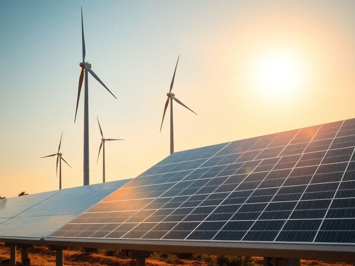 Turbine eoliene și panouri solare strălucitoare sub soare.