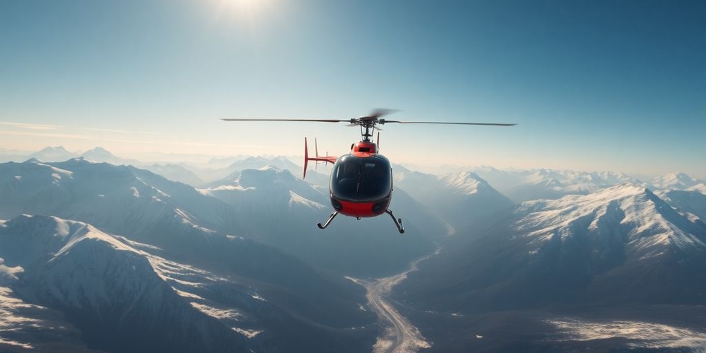 A helicopter soars above a rugged, snow-covered Alaskan mountain range.