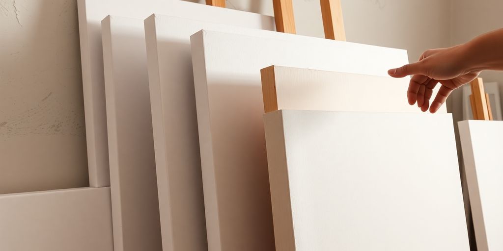 Artist selecting various canvas sizes.