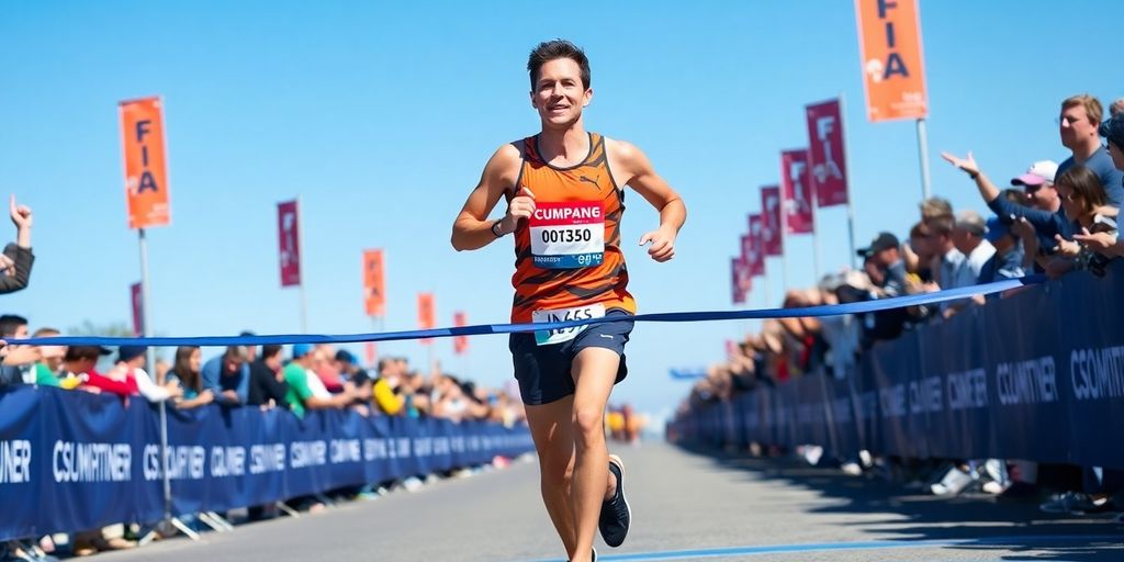 Runner finishing a half marathon with a triumphant expression.