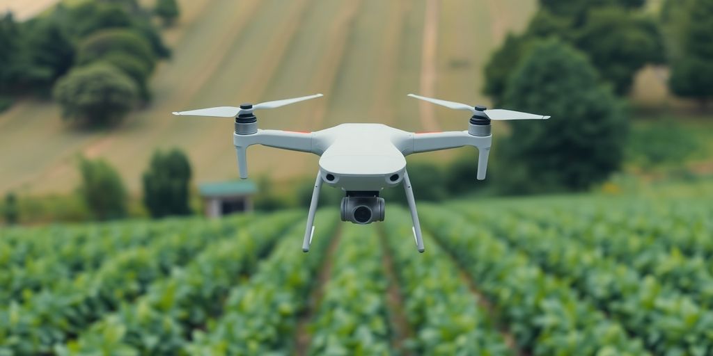 Drone survolant un champ agricole verdoyant.