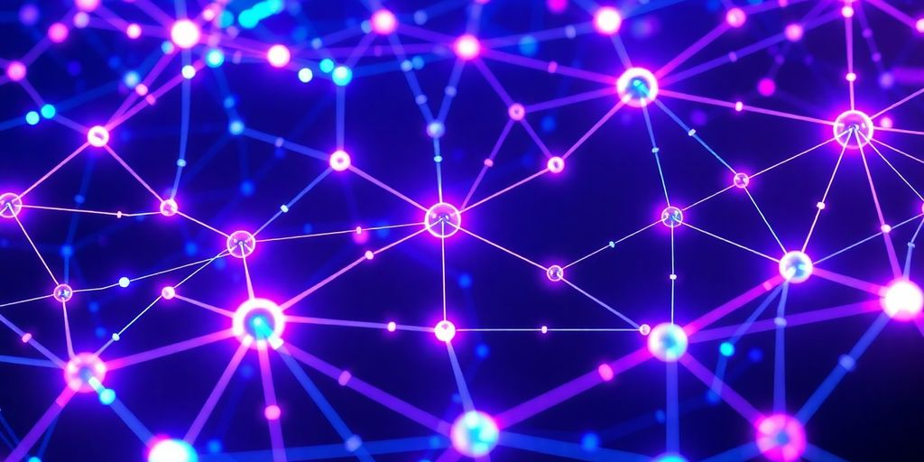 Intertwined AI networks and blockchain nodes with glowing connections.