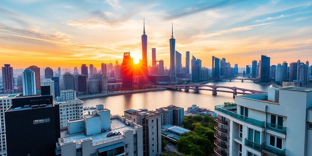 Aerial view of Shanghai skyline and river at sunset.