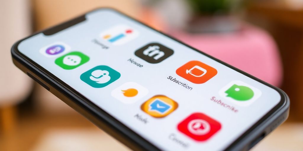 Smartphone with subscription service icons on a table.