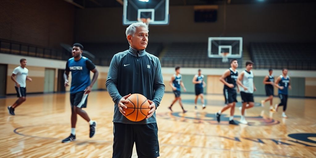 Basketball coach on court with players, illustrative.