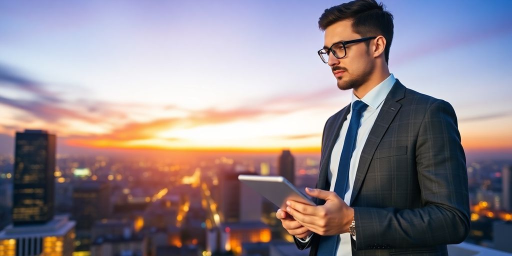 Business professional looking at downtown Omaha skyline.