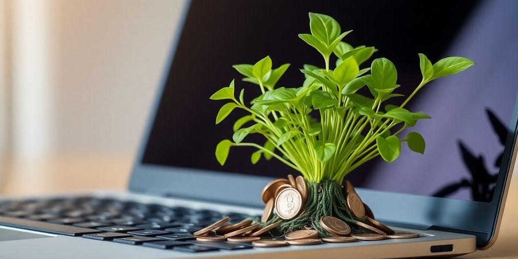 Laptop displaying growing money plant.
