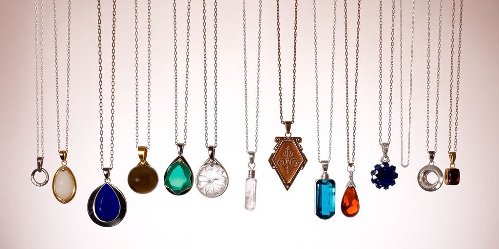 Various pendant necklaces on different chain lengths.