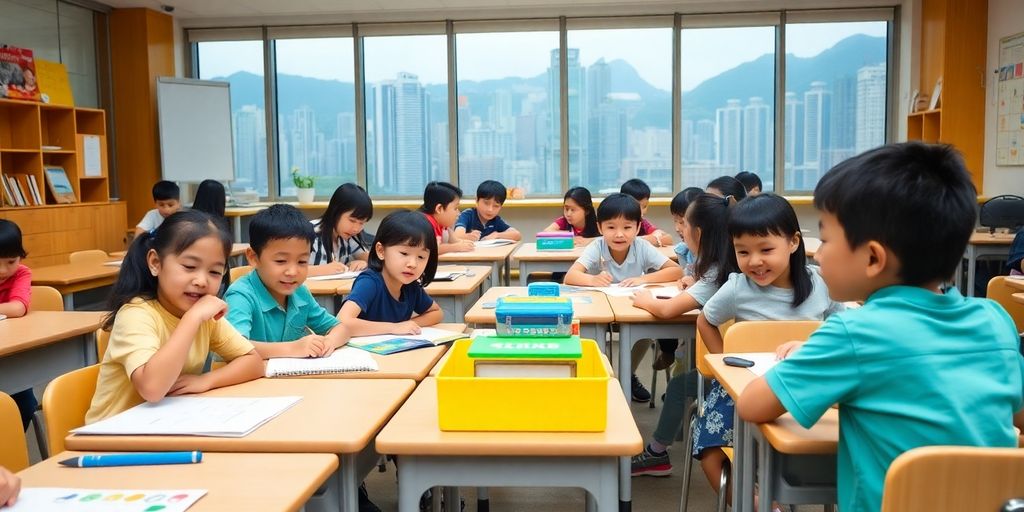 Diverse students in a Hong Kong classroom engaging in learning.