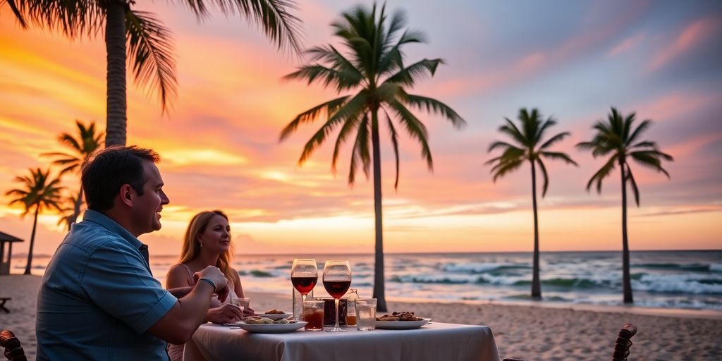 Couple enjoying a sunset dinner by the ocean.