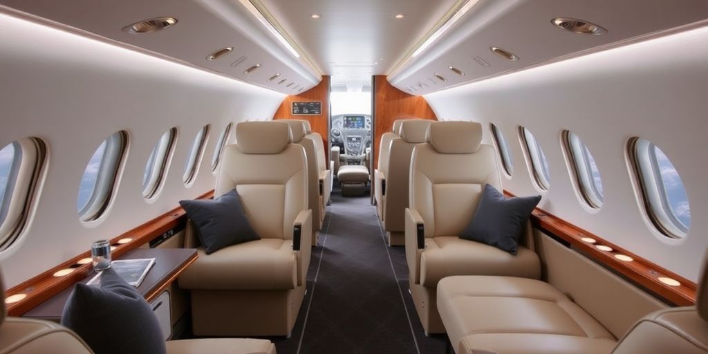 Sleek private jet interior with plush seating.