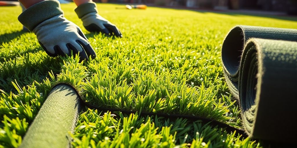 Artificial grass being installed in a backyard.