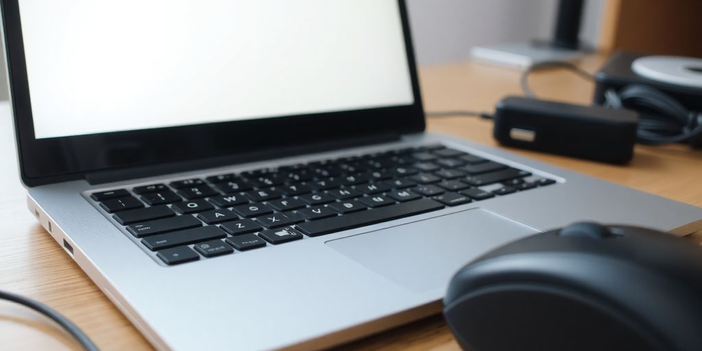 Laptop usado em mesa de madeira com acessórios.