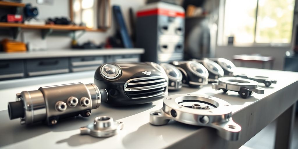 Genuine Mini Cooper parts on workbench