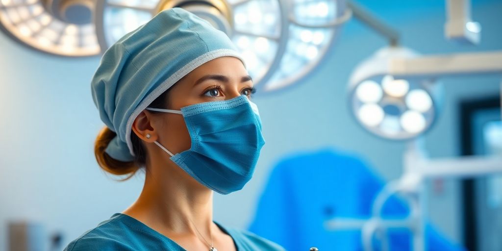 Nurse in scrubs, operating room.