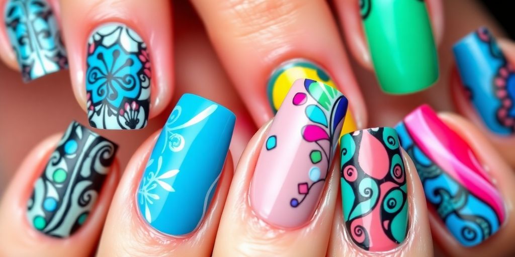 Unhas decoradas com padrões coloridos e sofisticados.