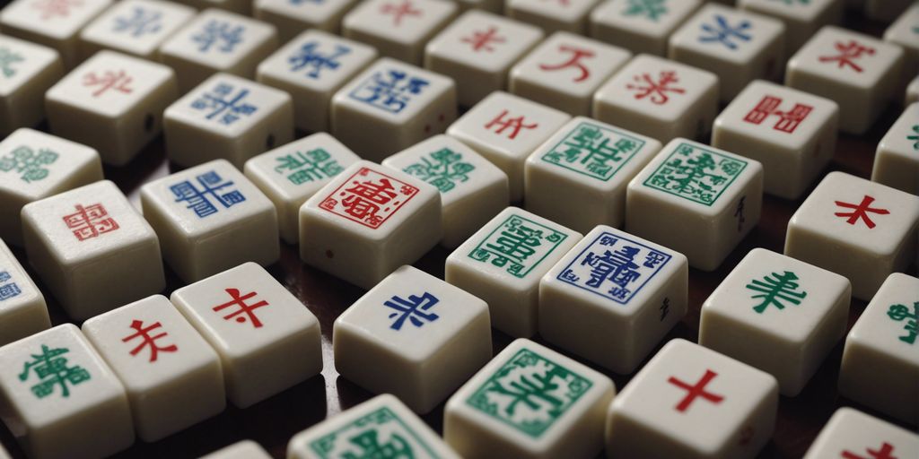 Close-up view of colorful Mahjong tiles with traditional Chinese characters and symbols, neatly arranged in a set.
