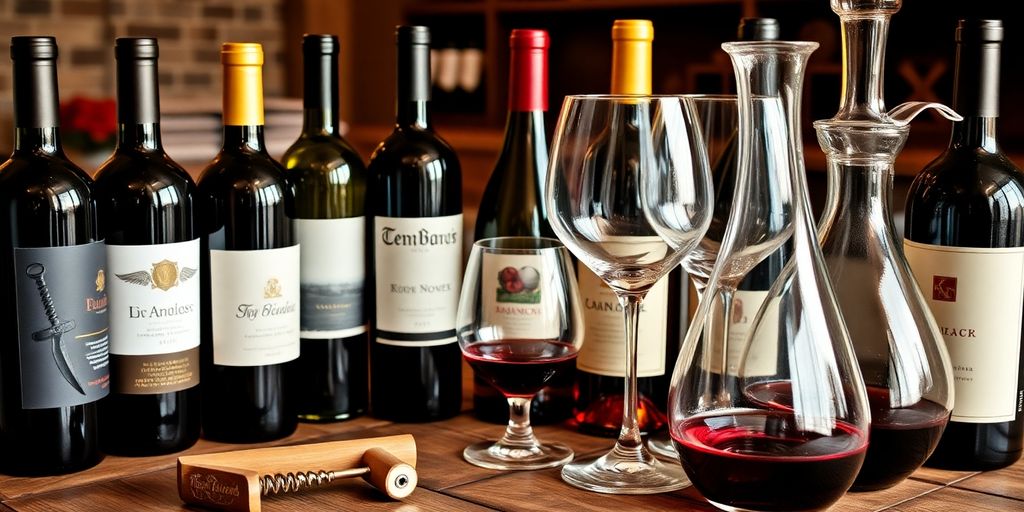 Wine bottles, glasses, and tools on a wooden table.