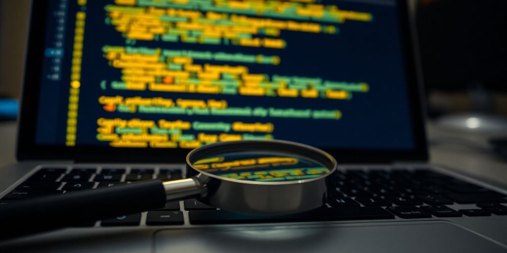 Laptop, code, and a magnifying glass