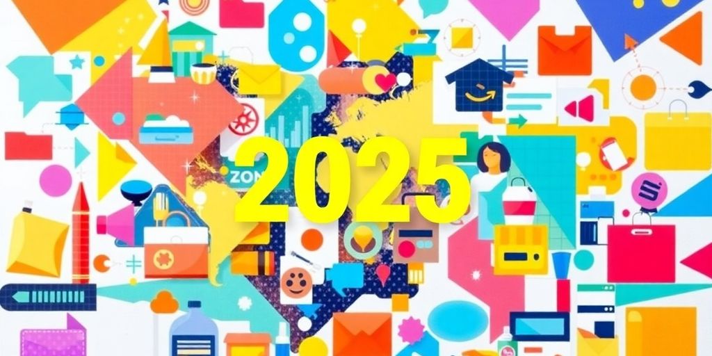 Digital marketplace icons connecting global commerce.