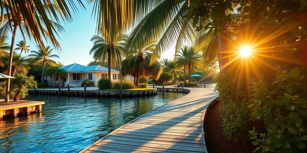 Wooden boardwalk beside blue-green water under palm trees and hibiscus