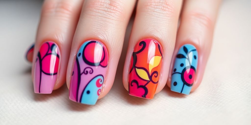 Unhas de gel coloridas e bem decoradas.