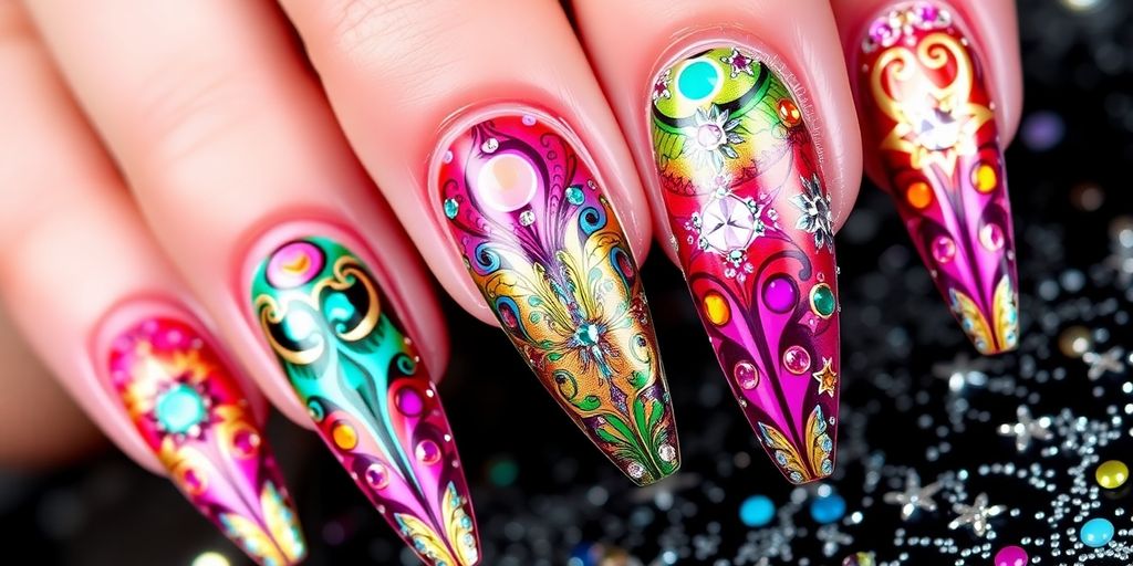 Unhas decoradas com arte vibrante e técnicas avançadas.